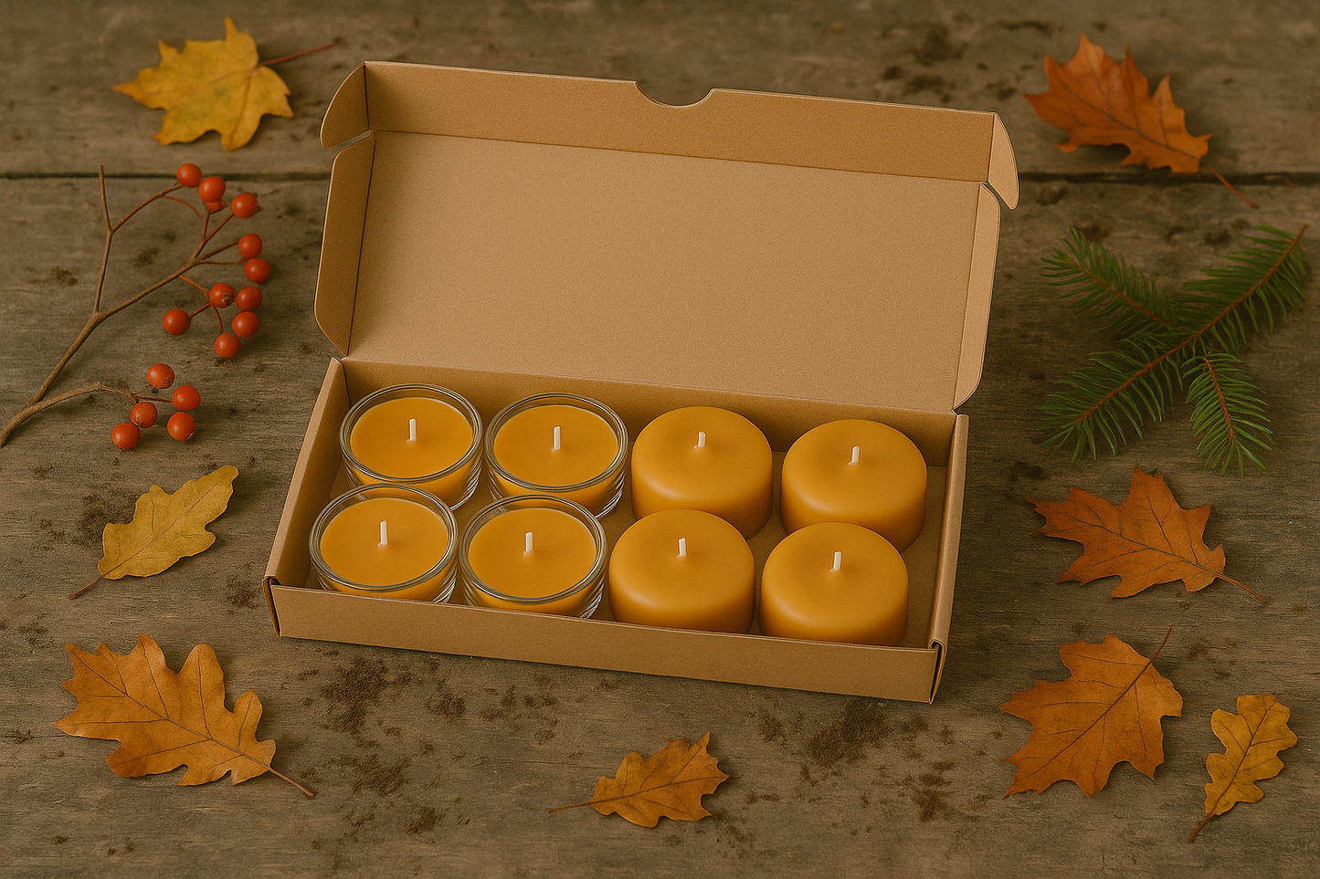 Fin æske med et mix af fyrfadslys i ren stearin. 4 lys er i glasstage og 4 lys er uden. Rundt om lidt gran og visne blade