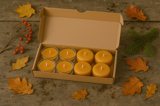 Fin æske med et mix af fyrfadslys i ren stearin. 4 lys er i glasstage og 4 lys er uden. Rundt om lidt gran og visne blade