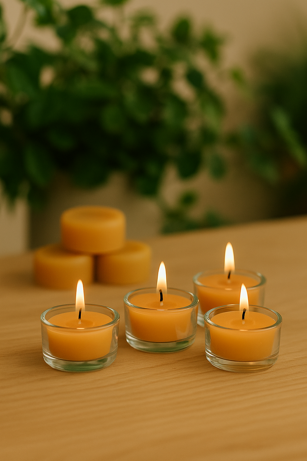 Fyrfadslys i bivoks, der står i en lille glasstage. 4 af lysene brænder