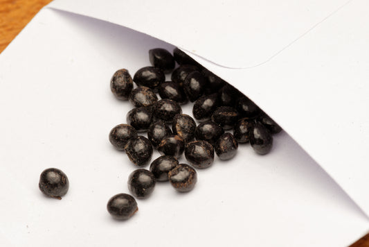 De flotte sorte frø af Tandbørstetræ (Zanthoxylum nitidum) i hvid papirspose