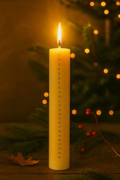 Kalenderlys i ren bivoks, med lys i og julestemning