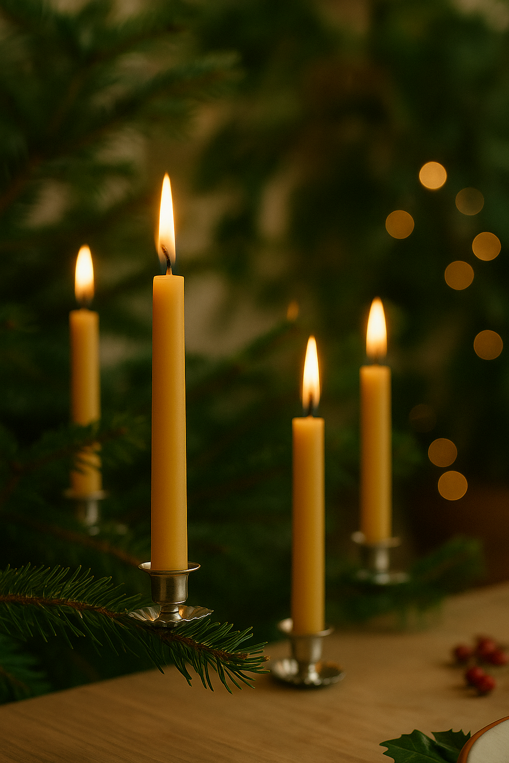 Et par juletræs lys i ren bivoks med lys i